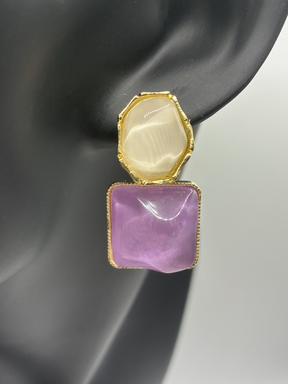 Fashion Jewelry Gold-Tone Purple and Cream Double Drop Earrings